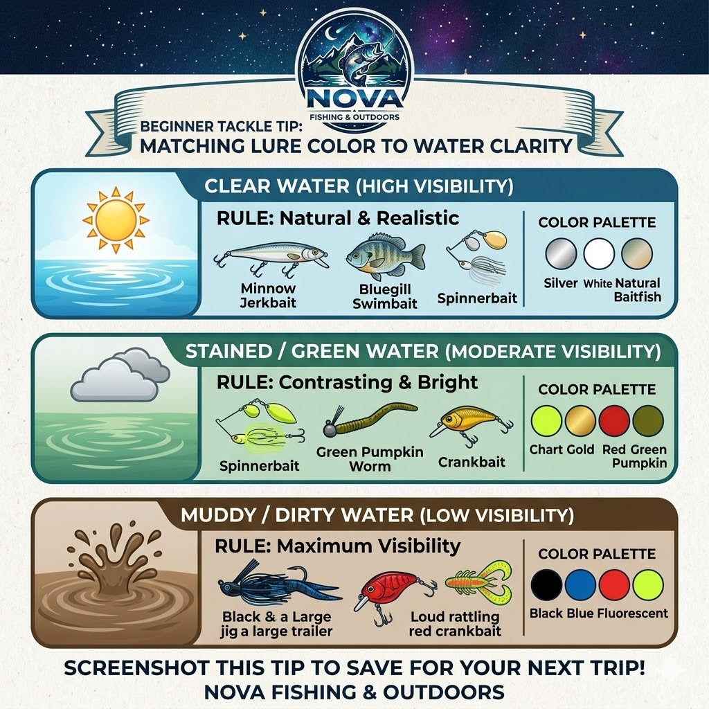 Lure color cheat sheet infographic showing the best fishing lure colors for clear, stained, and muddy water conditions