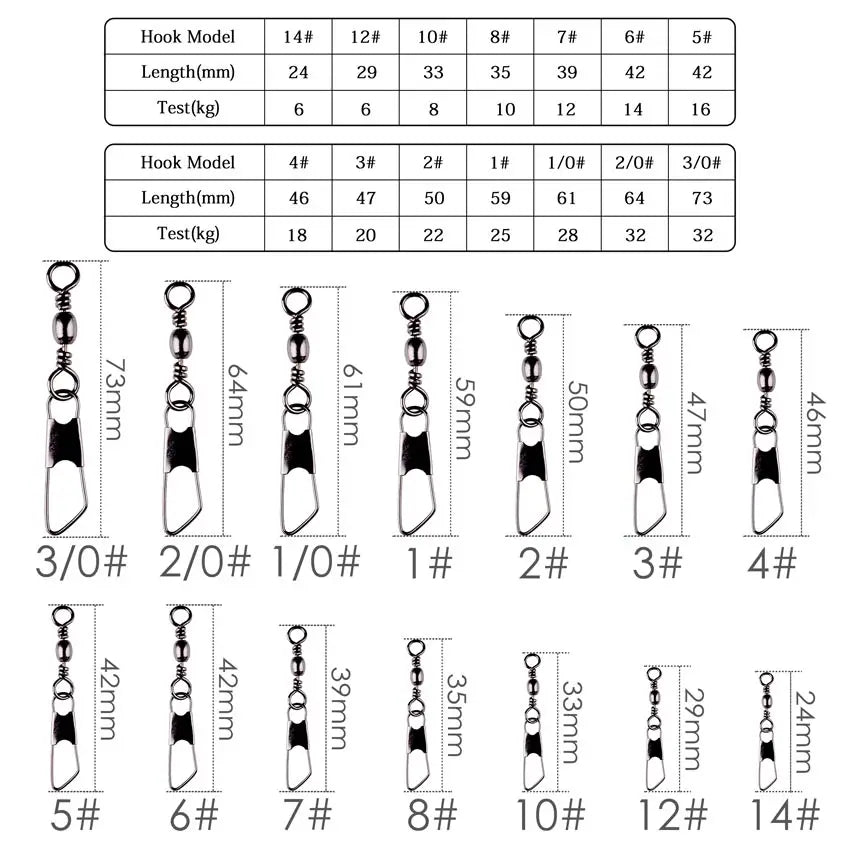 Nova Barrel Rolling Swivel with Safety Snap - High-Tensile Stainless Steel Fishing Lure Hook Connectors - 50Pcs Pack
