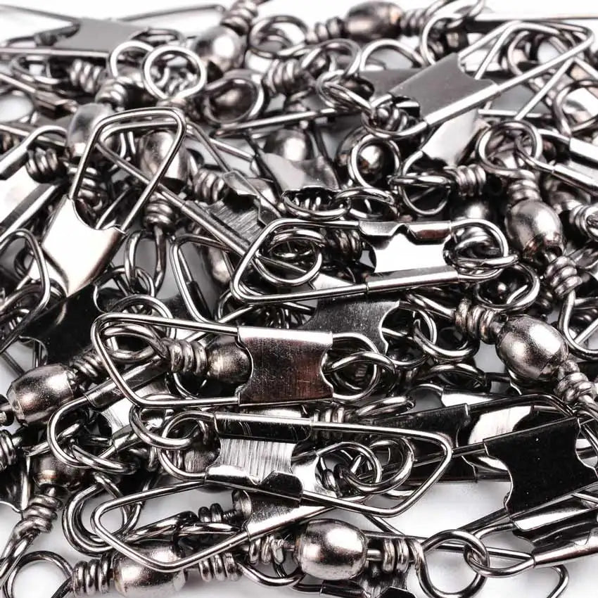 Nova Barrel Rolling Swivel with Safety Snap - High-Tensile Stainless Steel Fishing Lure Hook Connectors - 50Pcs Pack