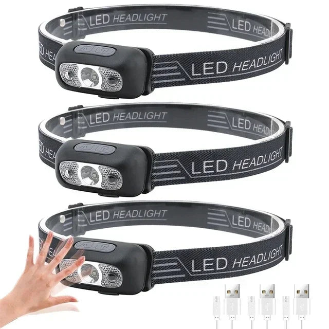 Hands-Free LED Headlamp with Motion Sensor – USB Rechargeable - Motion Sensor 3 Pack Nova Fishing & Outdoors