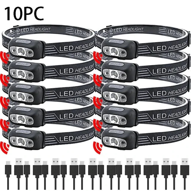 Hands-Free LED Headlamp with Motion Sensor – USB Rechargeable - Motion Sensor 10 Pack Nova Fishing & Outdoors