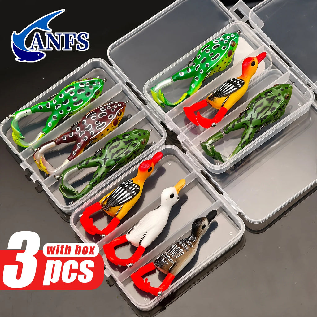 Nova 3Pcs Premium Topwater Frog & Duck Shaped Fishing Lures Set with Tackle Box Soft Baits for Bass
