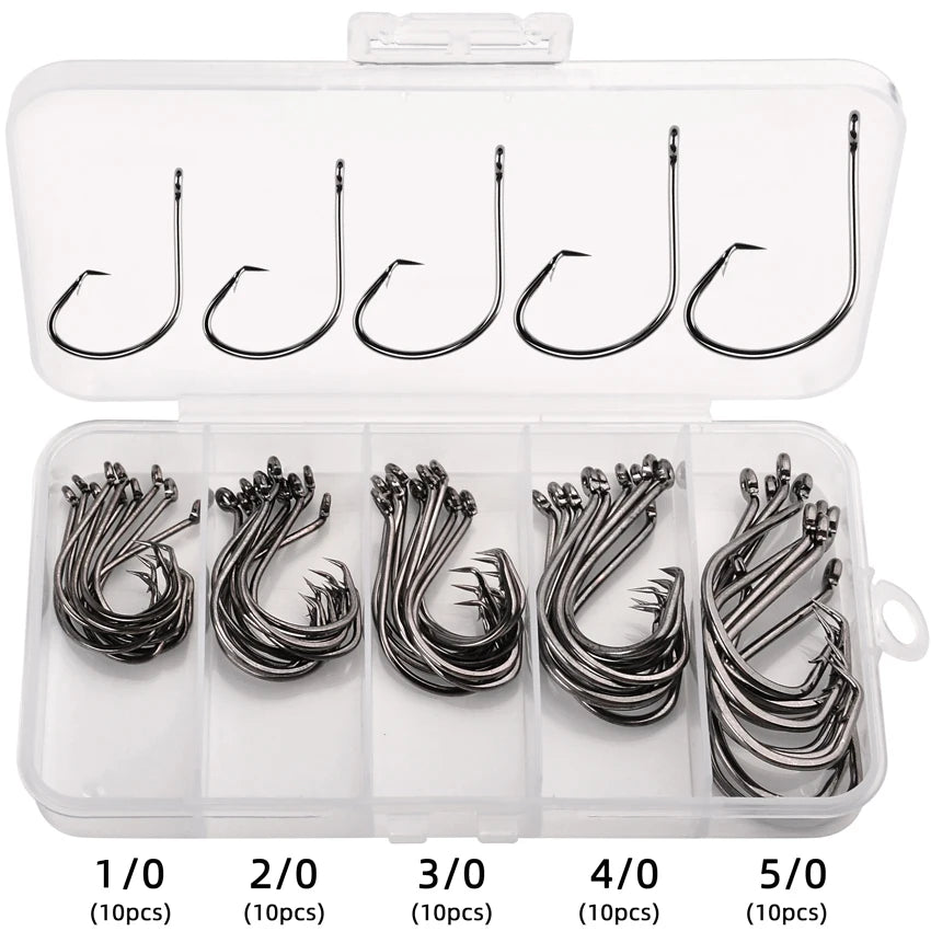 Nova Barbed Catfish Hooks – Circle Hook Assortment Box, Sizes 1/0–5/0, High Carbon Steel (50pc)
