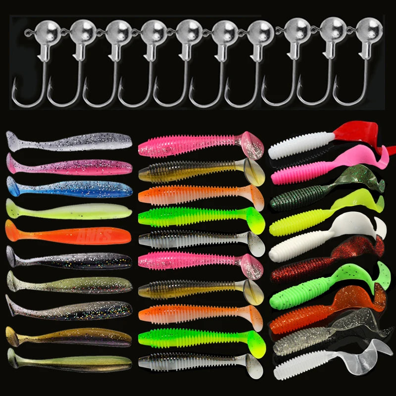 Nova Soft Fishing Lure Kit, Silicone Bait Worms with Crank Jig Head Hooks, Realistic Artificial Lures for Freshwater & Saltwater Fishing 441-30 lure 10 hook Nova Fishing & Outdoors