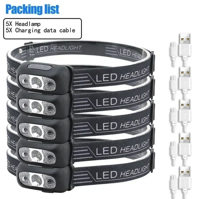 Hands-Free LED Headlamp with Motion Sensor – USB Rechargeable - Motion Sensor 5 Pack Nova Fishing & Outdoors