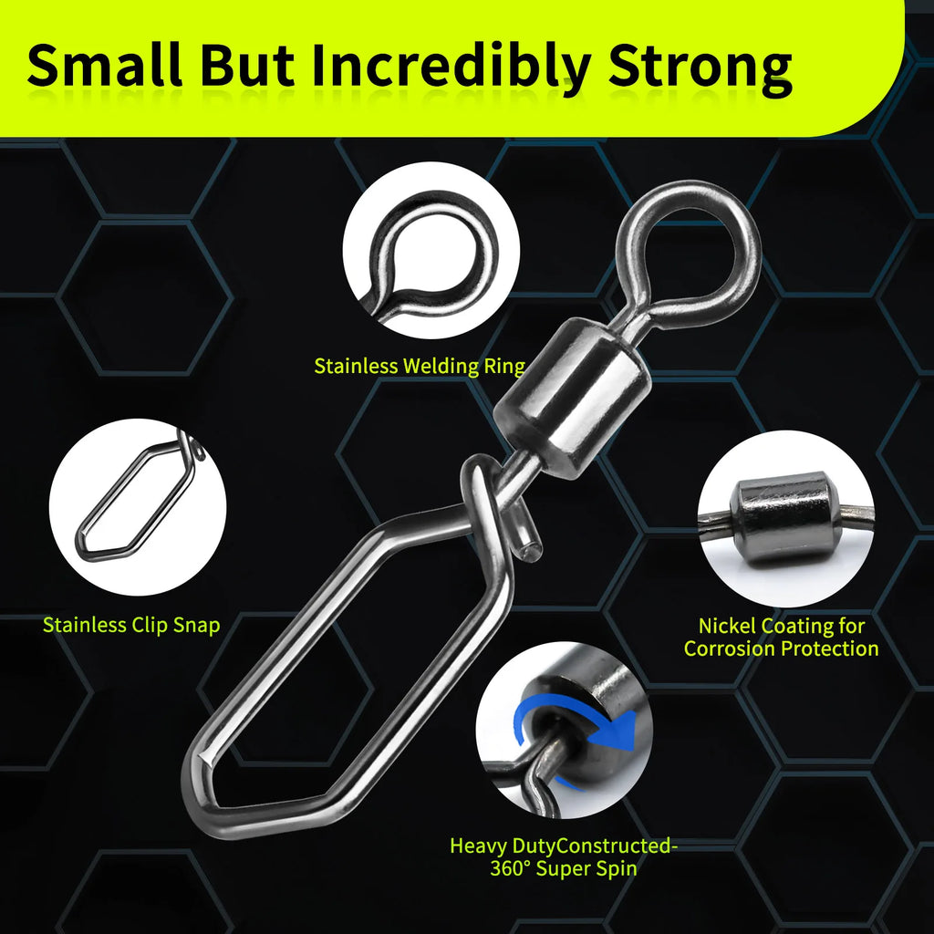 Nova Rolling Barrel Swivels with Snap – Quick-Lock Lure Connectors, 7 Sizes (25-100pc)