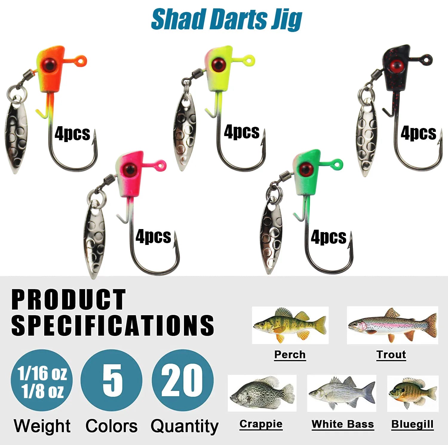 Nova Premium Underspin Jig Heads Kit Multi-Color Willow Blade Swimbait Hooks for Panfish