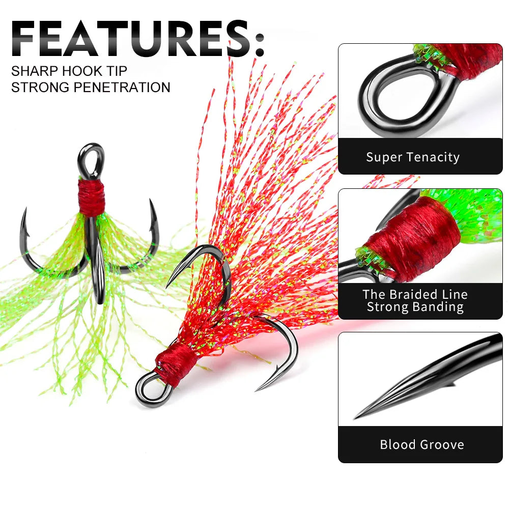 Nova Feathered Treble Hooks – 4X Strong Dressed Trebles for Topwater & Crankbaits (5/10-Pack)