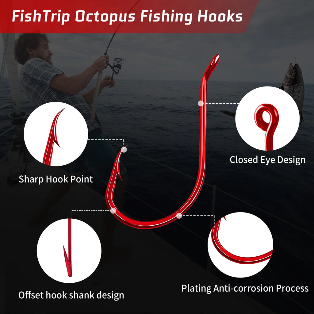 Nova Red Octopus Circle Hooks – 2X Strong Offset Live Bait Hooks, Catfish & Carp (50/100pc)
