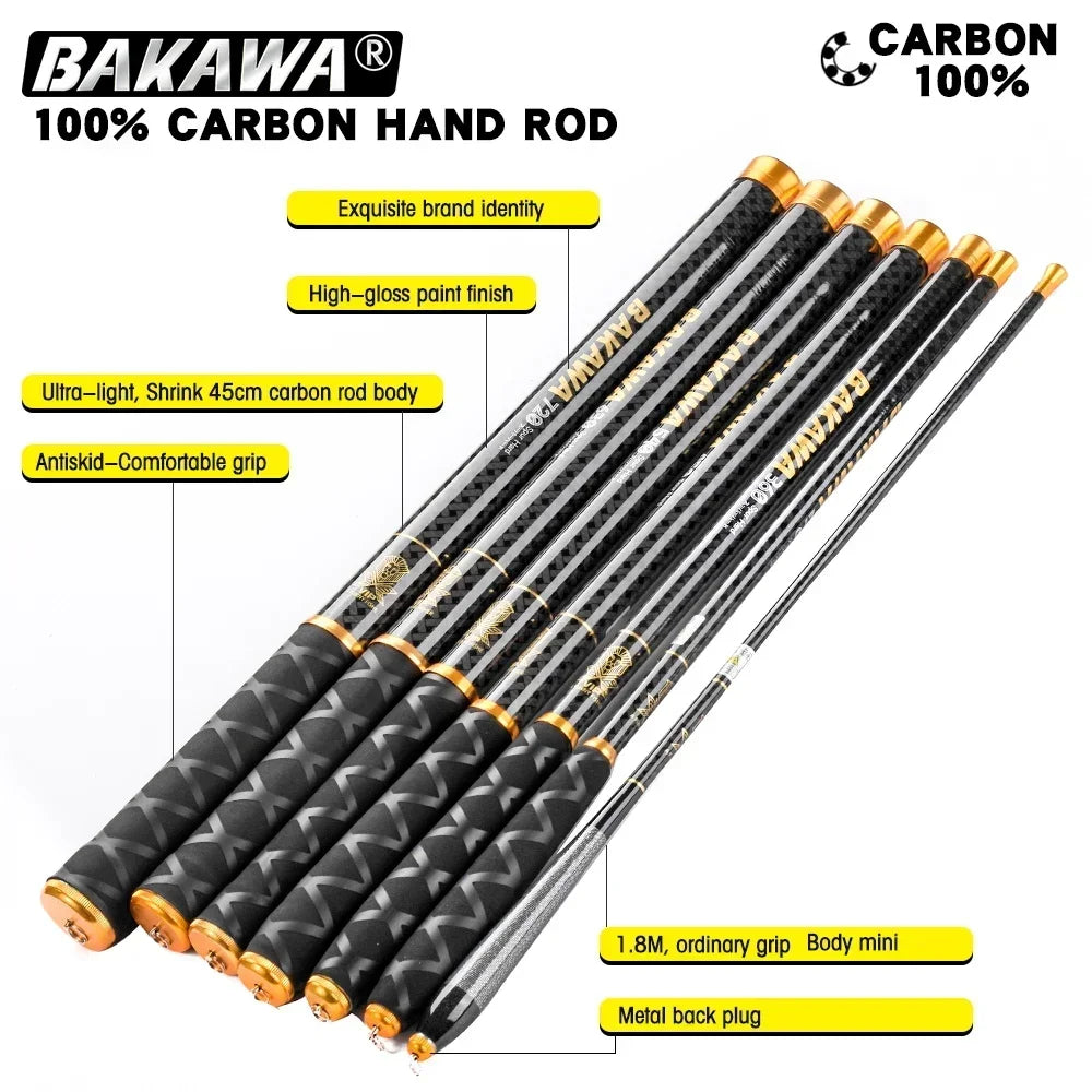 BAKAWA Ultralight Hard Carbon Fiber Hand Fishing Rod Telescopic 3.6M 4.5M 5.4M 6.3M 7.2M Stream Pole Mini Travel Carp Tackl Nova Fishing & Outdoors