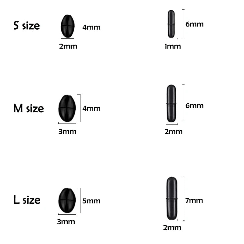 Black Rubber Space Beans – 60pc Oval Bobber Stoppers for Float Fishing - 60Pc Oval Three Sizes Nova Fishing & Outdoors