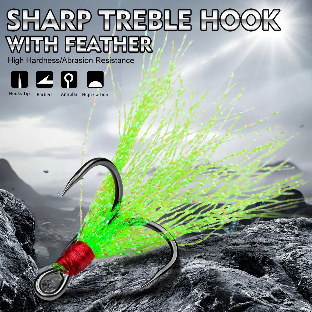 Nova Feathered Treble Hooks – 4X Strong Dressed Trebles for Topwater & Crankbaits (5/10-Pack)