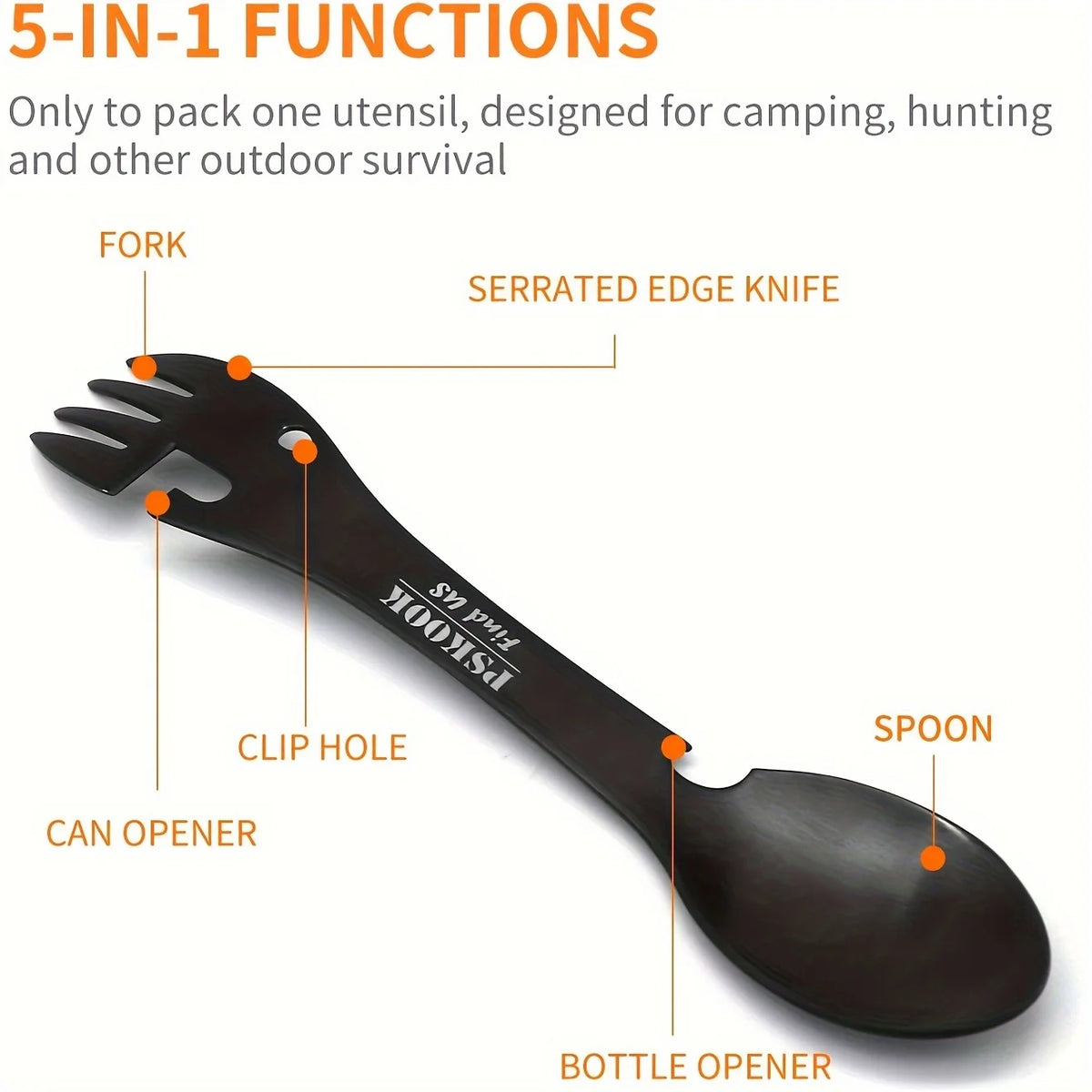 5-in-1 Camping Spork – Stainless Steel Multitool with Clip Nova Fishing & Outdoors