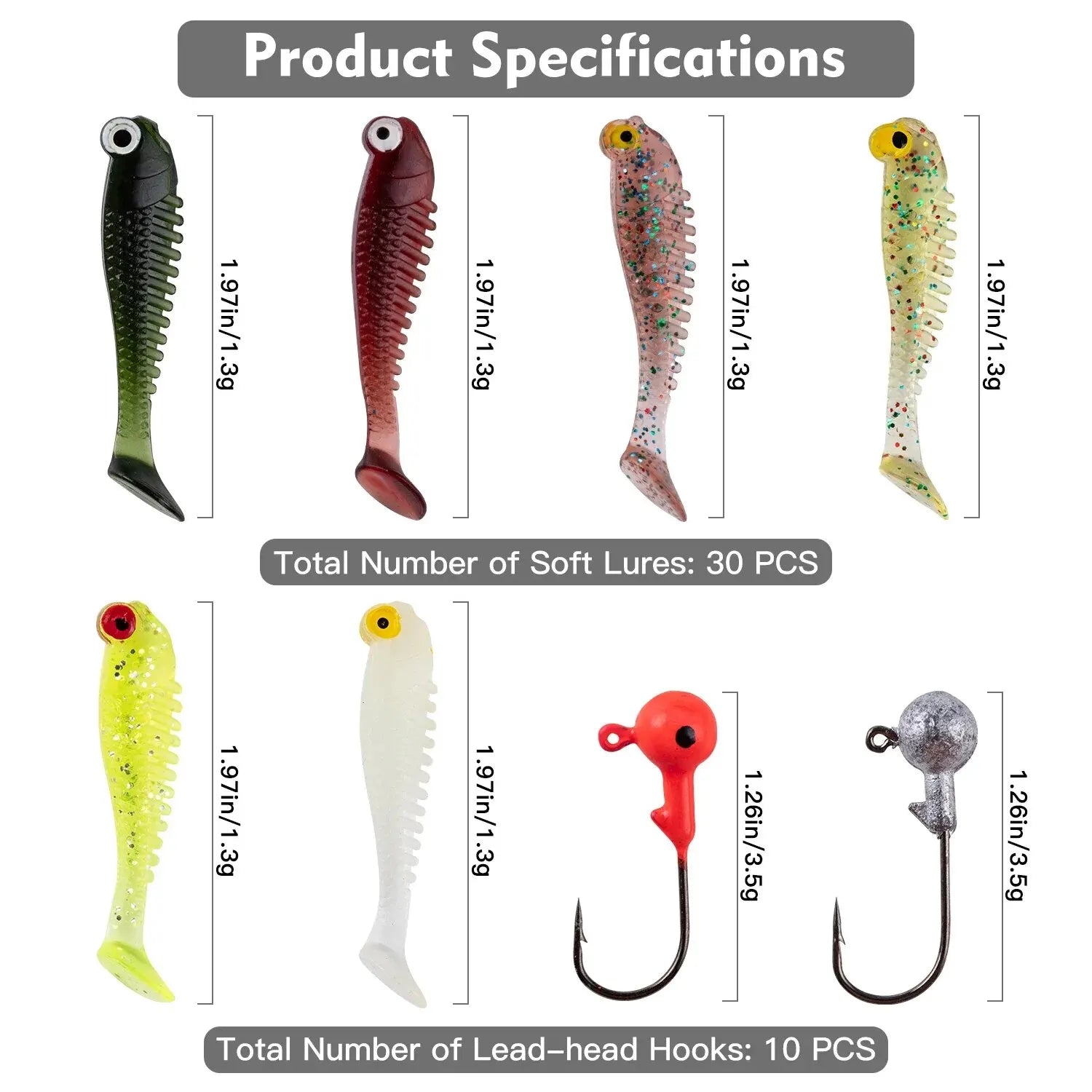 Nova 40pcs Soft Lure Kit 5cm 3.5g Jig Head Hook with Fishing Tackle Box