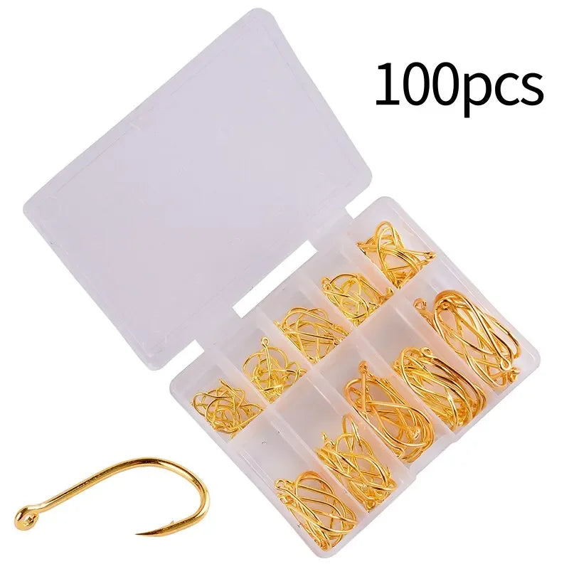 100-Piece High Carbon Steel Fishing Hook Assortment – 10 Sizes - 100 Piece 10 Size Gold (100 pc) Nova Fishing & Outdoors
