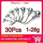 Jig Head Assortment – 30pcs, 1g to 28g Round Head Hooks for Soft Lures Nova Fishing & Outdoors