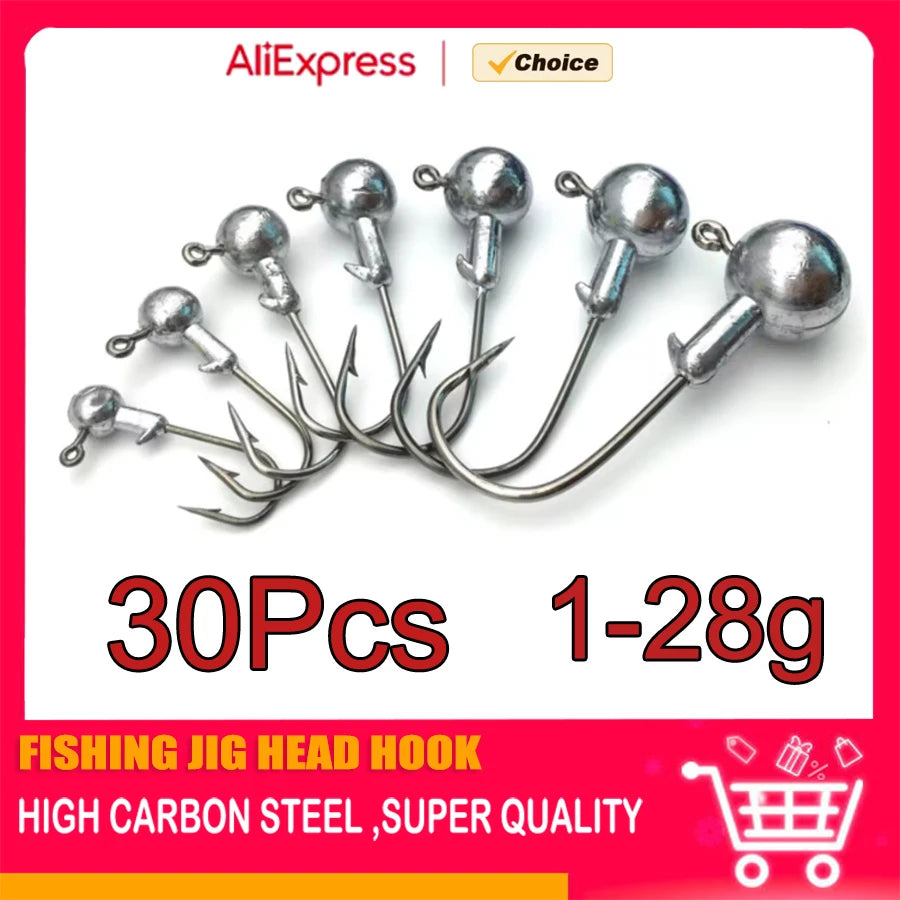 Jig Head Assortment – 30pcs, 1g to 28g Round Head Hooks for Soft Lures Nova Fishing & Outdoors