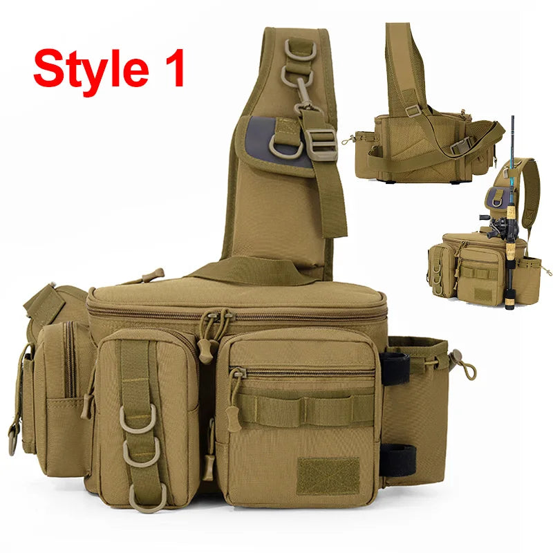 Nova Multi-Functional Fishing Tackle Backpack - Waterproof Sling Bag with Rod Holder & Gear Storage Khaki Style 1 Nova Fishing & Outdoors