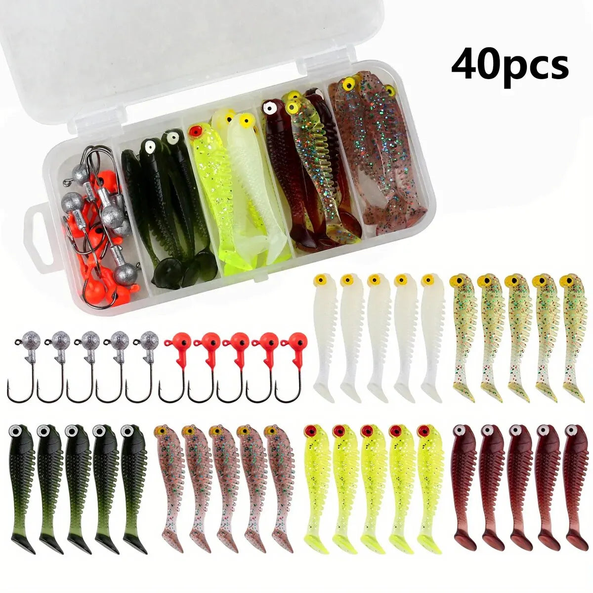 Nova 40pcs Soft Lure Kit 5cm 3.5g Jig Head Hook with Fishing Tackle Box