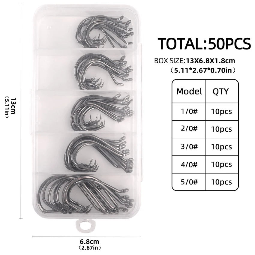 Nova Barbed Catfish Hooks – Circle Hook Assortment Box, Sizes 1/0–5/0, High Carbon Steel (50pc)
