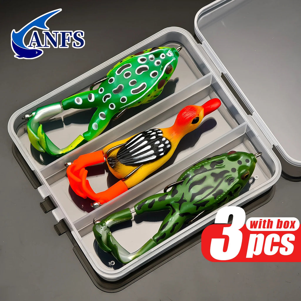 Nova 3Pcs Premium Topwater Frog & Duck Shaped Fishing Lures Set with Tackle Box Soft Baits for Bass