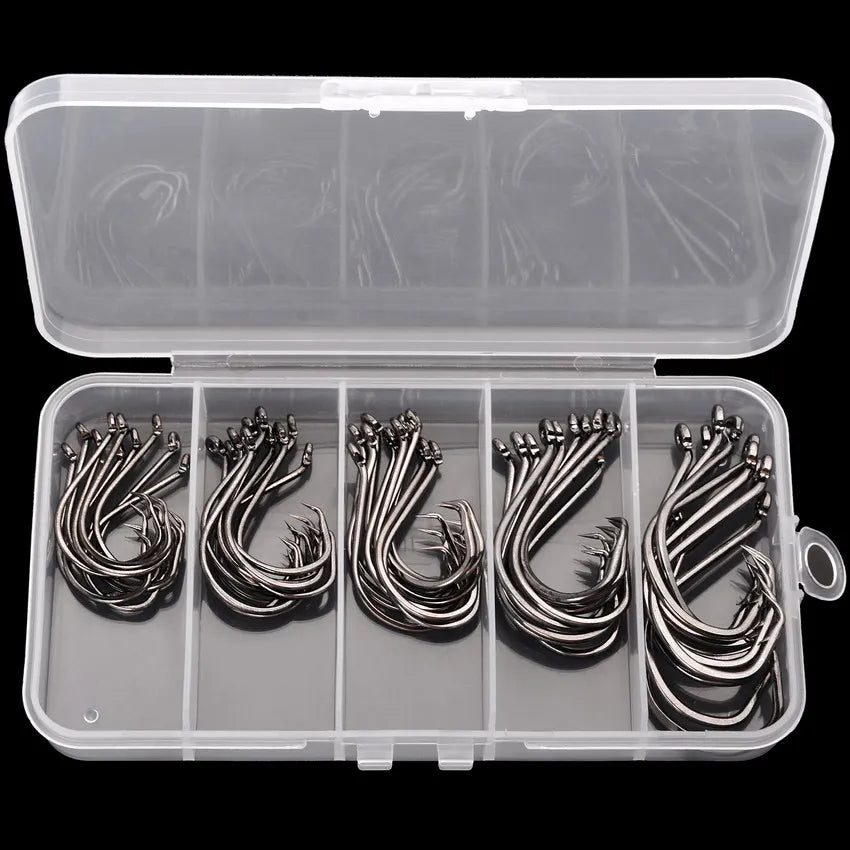 Nova Barbed Catfish Hooks – Circle Hook Assortment Box, Sizes 1/0–5/0, High Carbon Steel (50pc)