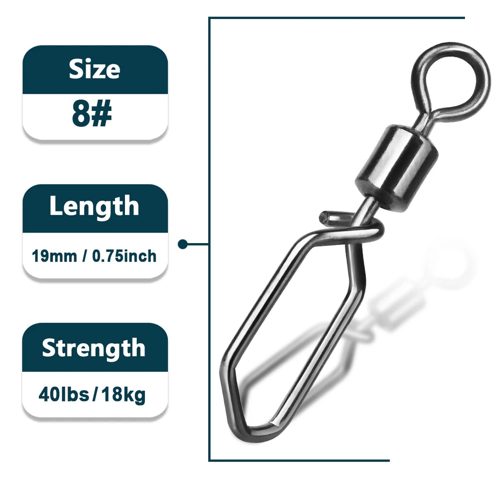 Nova Rolling Barrel Swivels with Snap – Quick-Lock Lure Connectors, 7 Sizes (25-100pc)